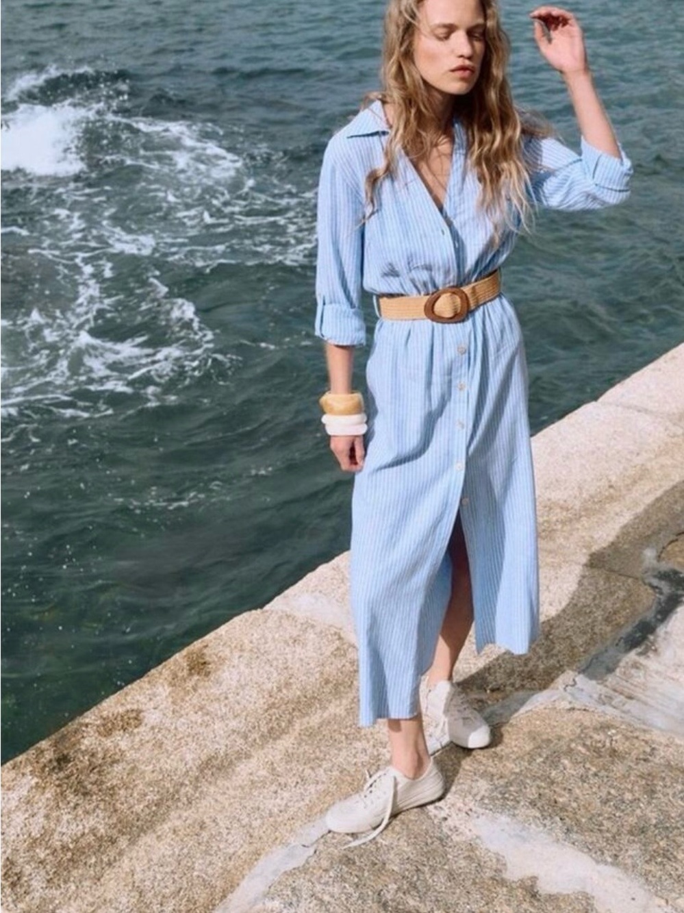 Zara Light Blue Striped Shirt Dress with Belt